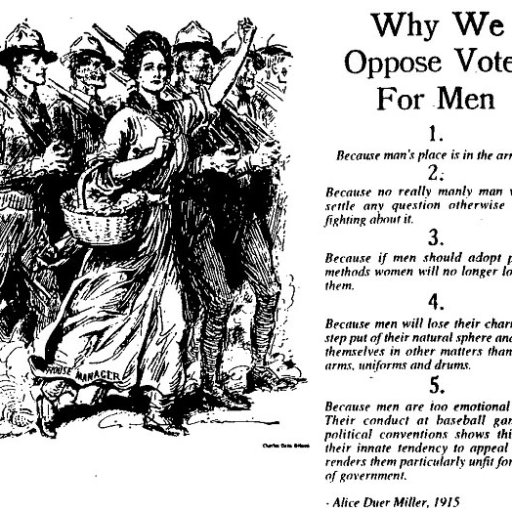 Why We Oppose Votes for Men - Suffragette sarcastic cartoon