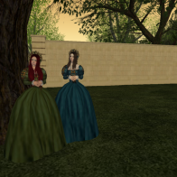 Two renaissance ladies walking in the garden