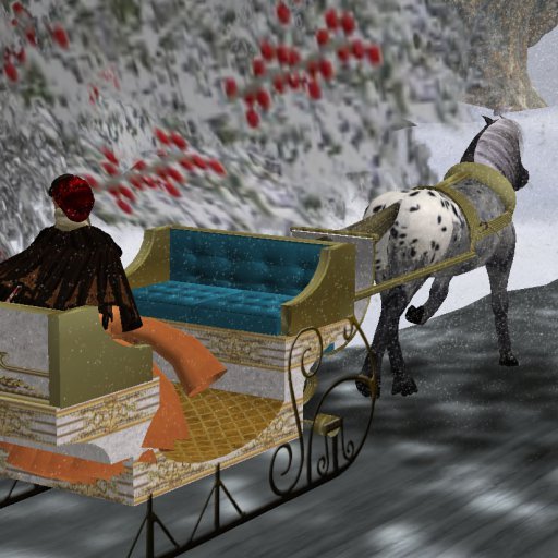 Kembri taking a sleigh to safety, her steed trotting behind