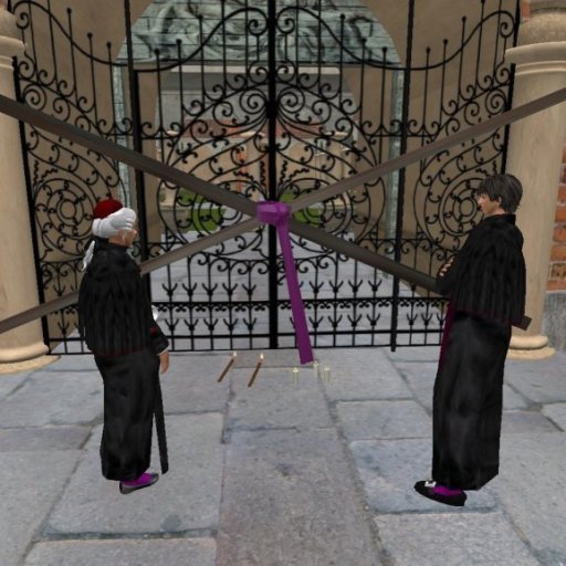 Patriarch and Canon Lawyer inspect seal on monastery gates